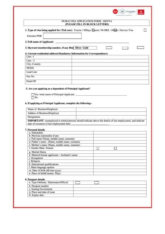 Dubai Visa Application Form - Kenya Printable pdf