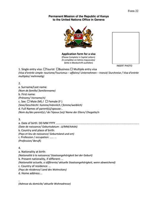 Form 22 Application Form For A Visa Republic Of Kenya Printable Pdf