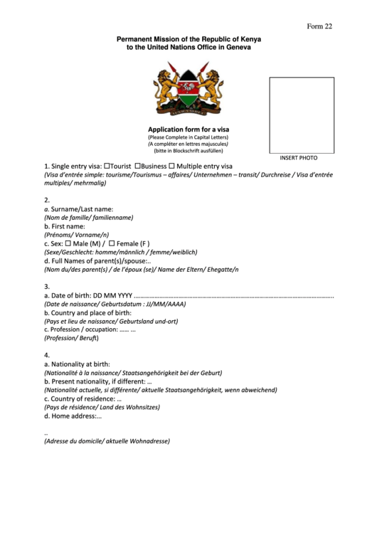 Form 22 Application Form For A Visa Republic Of Kenya Printable Pdf Download