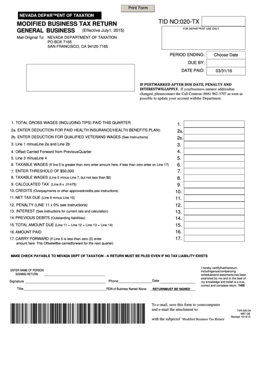 Modified Business Tax Return Printable pdf