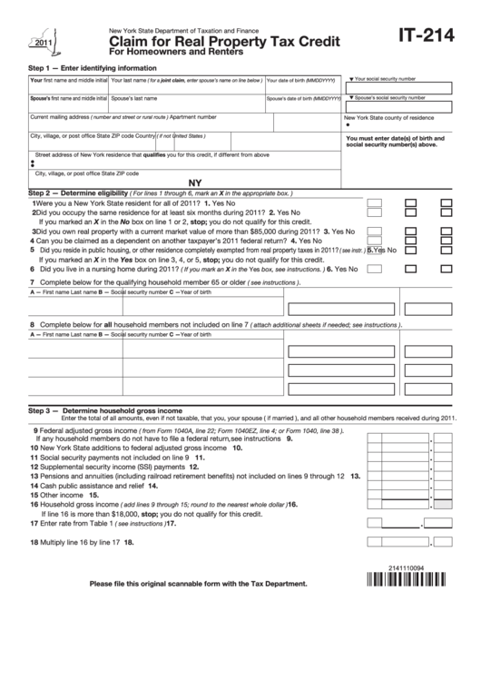 Form It-214, 2011, Claim For Real Property Tax Credit Printable pdf