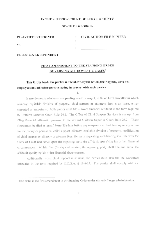 First Amendment To The Standing Order Governing All Domestic Cases - Dekalb County Superior Court Printable pdf