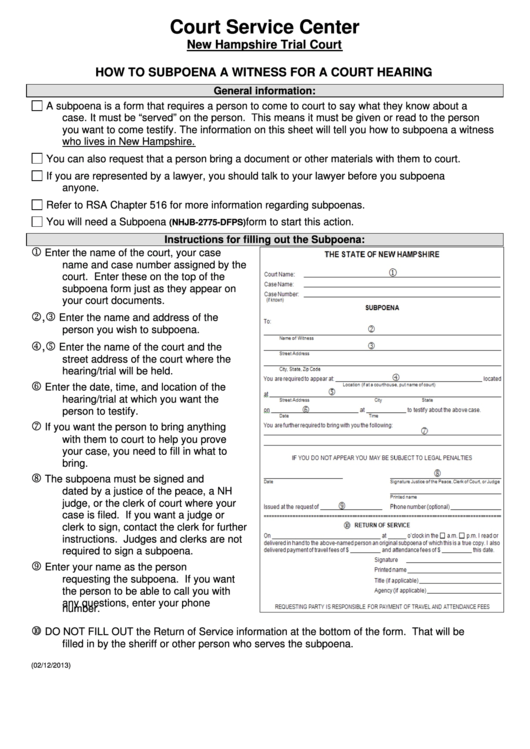 How To Subpoena A Witness For A Court Hearing - New Hampshire Trial Court Printable pdf