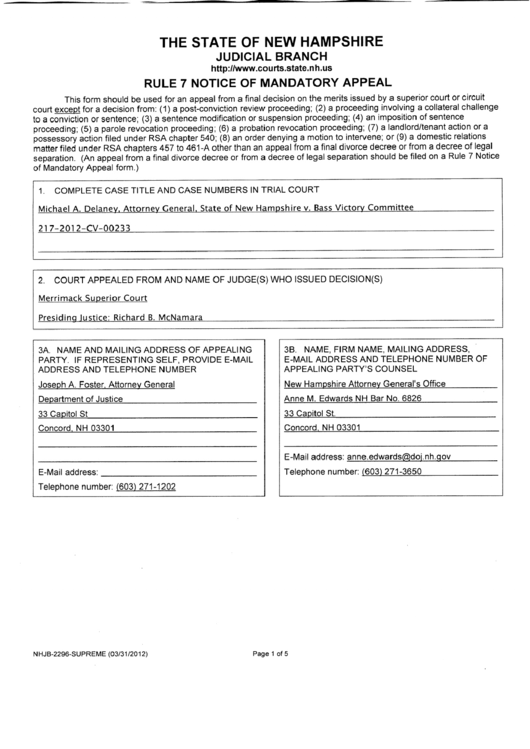 Notice Of Appeal - Nh Department Of Justice Printable pdf