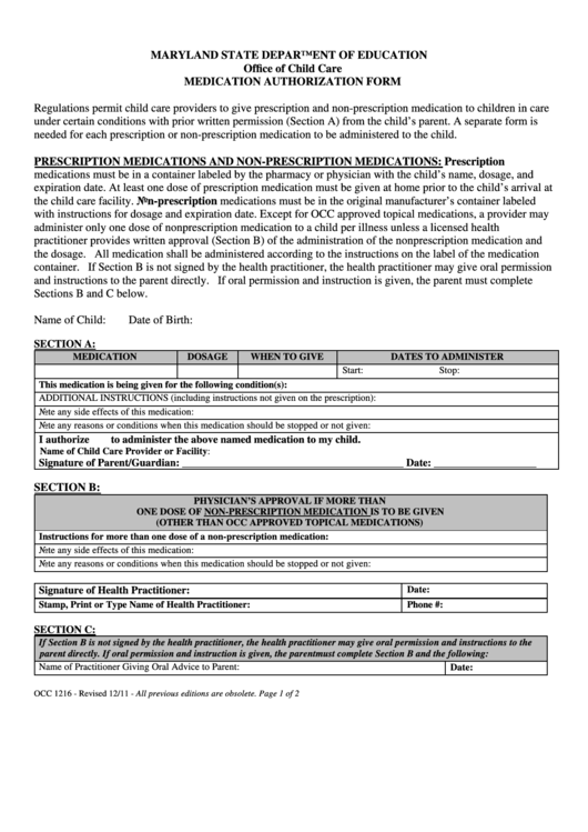 Maryland State Department Of Education Office Of Child Care Medication Authorization Form Printable pdf