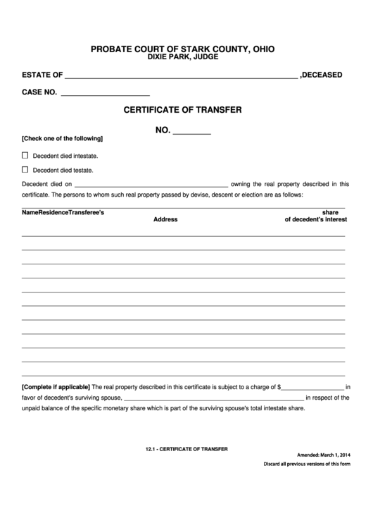 Fillable Form 12.1 - Certificate Of Transfer Printable pdf
