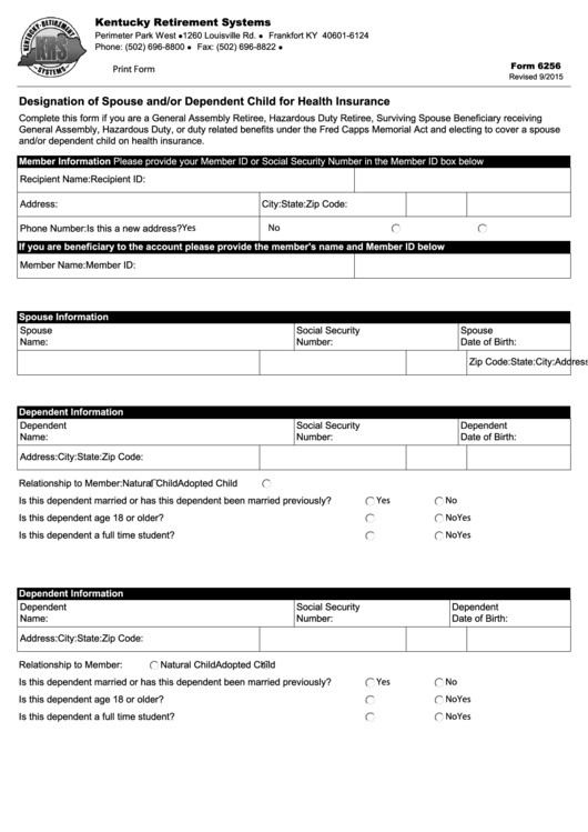 Form 6256 - Designation Of Spouse And/or Dependent Child For Health Insurance