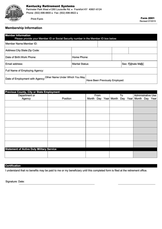 Form 2001 - Membership Information - Kentucky Retirement Systems Printable pdf