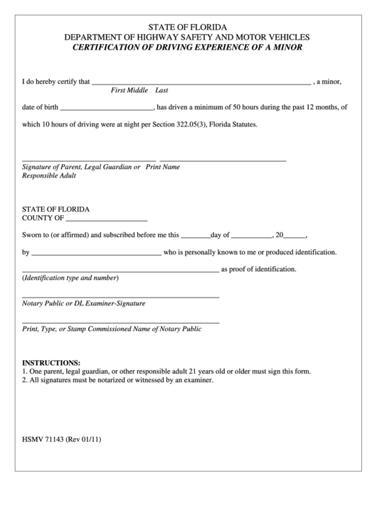 Fillable Form Hsmv 71143 - Certification Of Driving Experience Of A Minor Printable pdf
