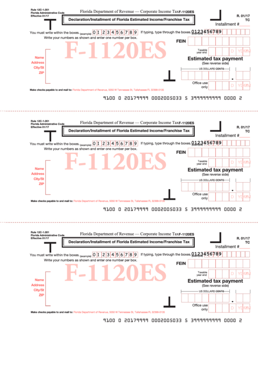 Form F-1120es - Florida Department Of Revenue Corporate Income Tax - 2017 Printable pdf