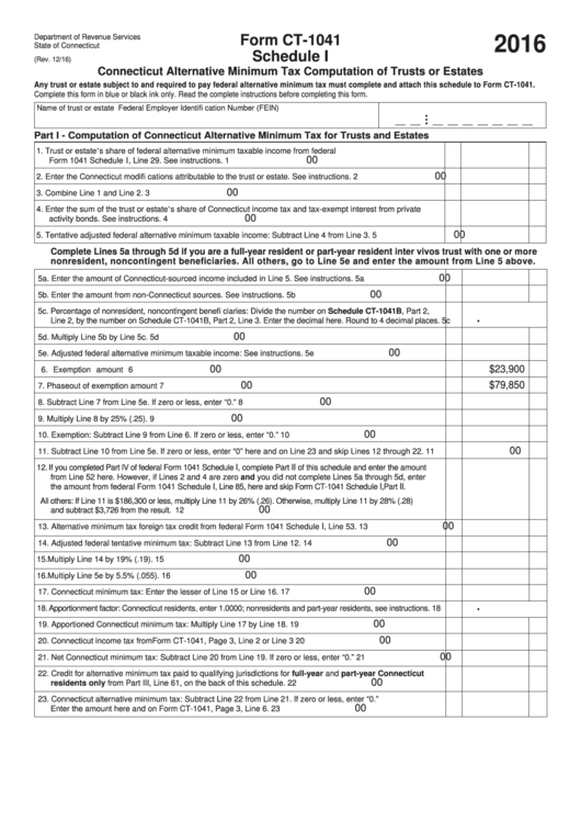 Form Ct-1041 - Schedule I - Connecticut Alternative Minimum Tax Computation Of Trusts Or Estates - 2016 Printable pdf