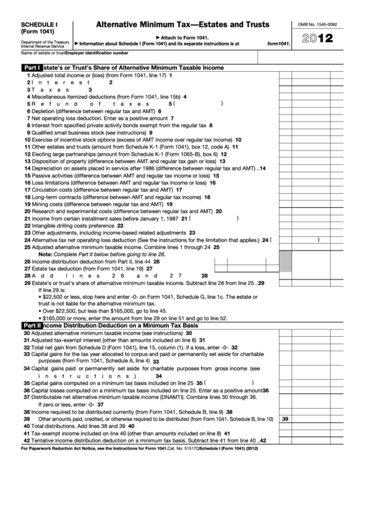 Fillable Schedule I (Form 1041) - 2012 printable pdf download