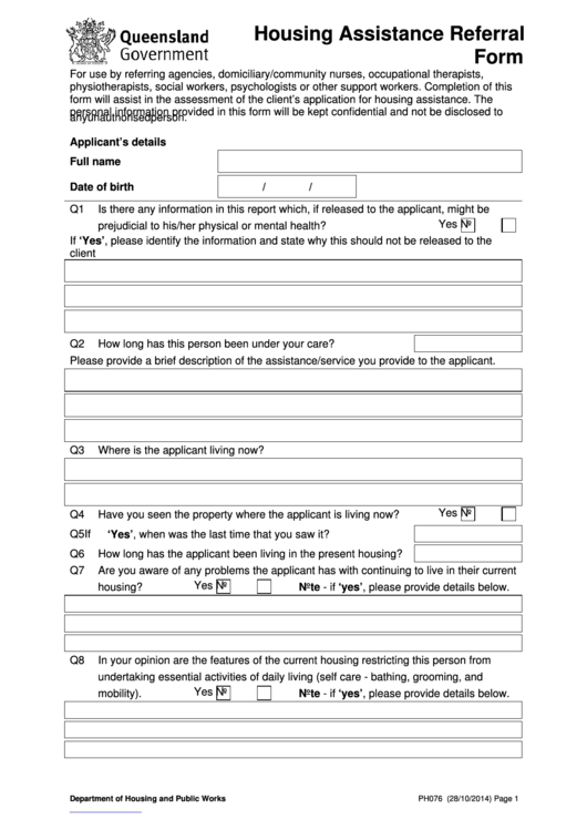 Ph076 Form - Housing Assistance Referral Form Printable pdf