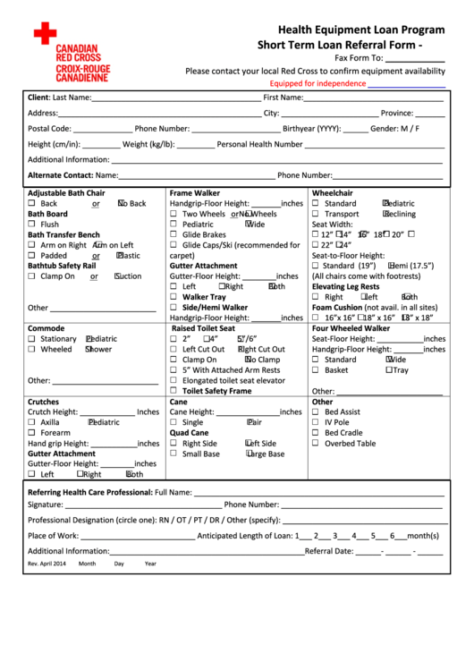 Health Equipment Loan Program Short Term Loan Referral Form - Printable pdf