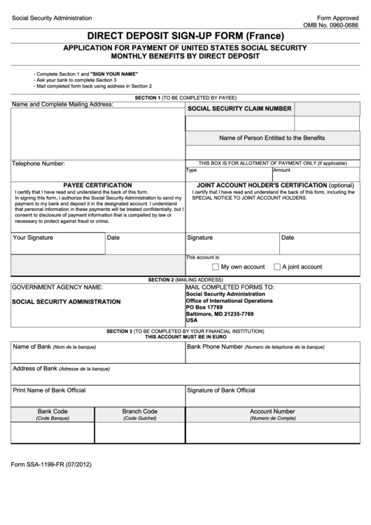 Form Ssa-1199-Fr - Direct Deposit Sign-Up Form (France) Printable pdf
