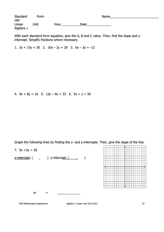 Standard Form Algebra Worksheets