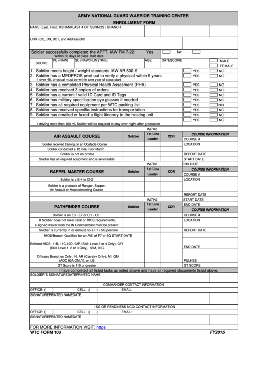 Wtc Form 100 - Army National Guard Warrior Training Center Enrollment Form Printable pdf