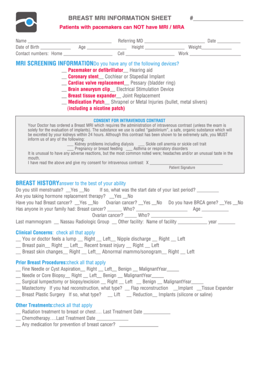 Breast Mri Information Sheet Printable pdf