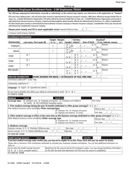 Fillable Form Tx-72000 - Humana Employee Enrollment Form - 2-99 Employees - 2008 Printable pdf