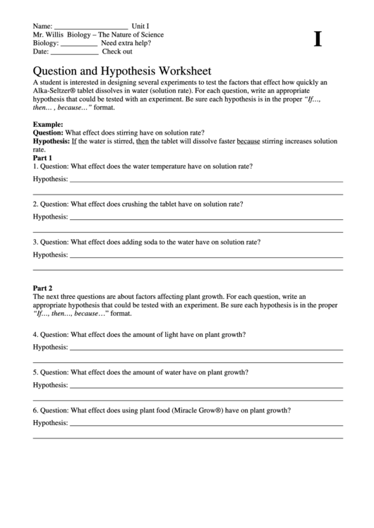 Science Hypothesis Worksheet / Writing A Hypothesis Worksheet Worksheet