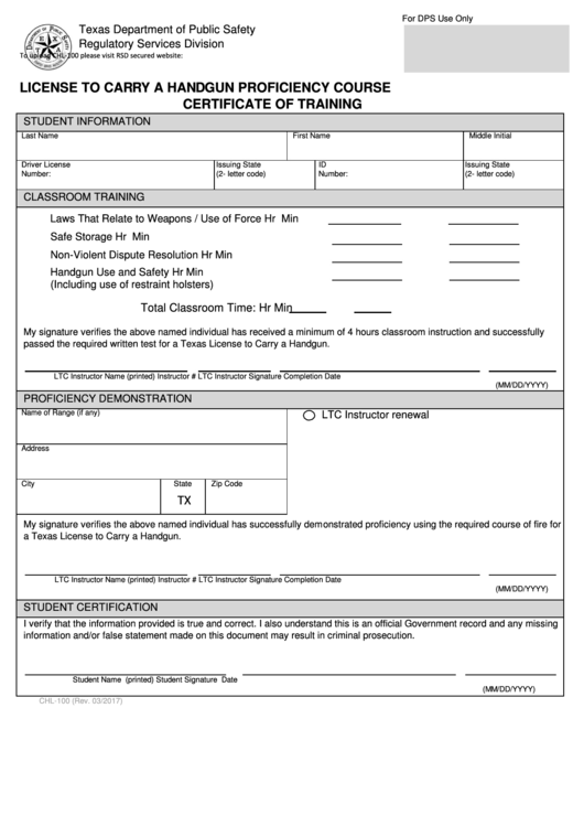 Form Chl 100 License To Carry A Handgun Proficiency Course