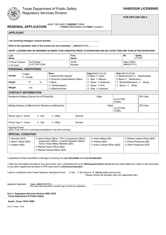 Chl-77 - Renewal Application For License To Carry A Handgun printable ...