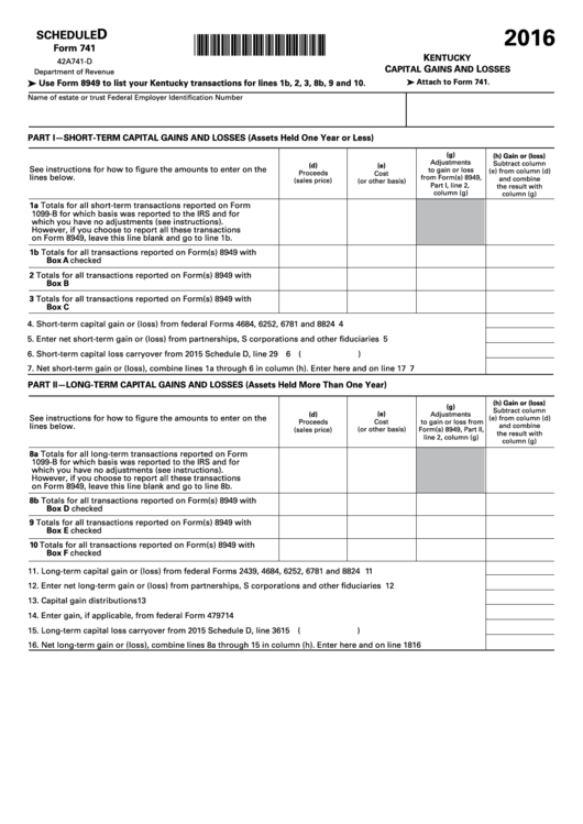 Capital Gains And Losses - Schedule D (Form 741) - Kentucky Department Of Revenue Printable pdf