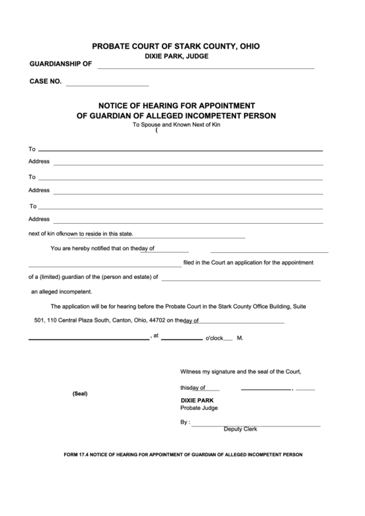 Fillable Notice Of Hearing For Appointment Of Guardian Of Alleged Incompetent Person - Probate Court Of Stark County Printable pdf