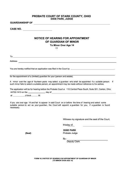 Fillable Notice Of Hearing For Appointment Of Guardian Of Minor - Probate Court Of Stark County Printable pdf