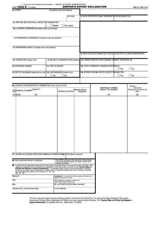 form 7525 v shippers export declaration printable pdf download