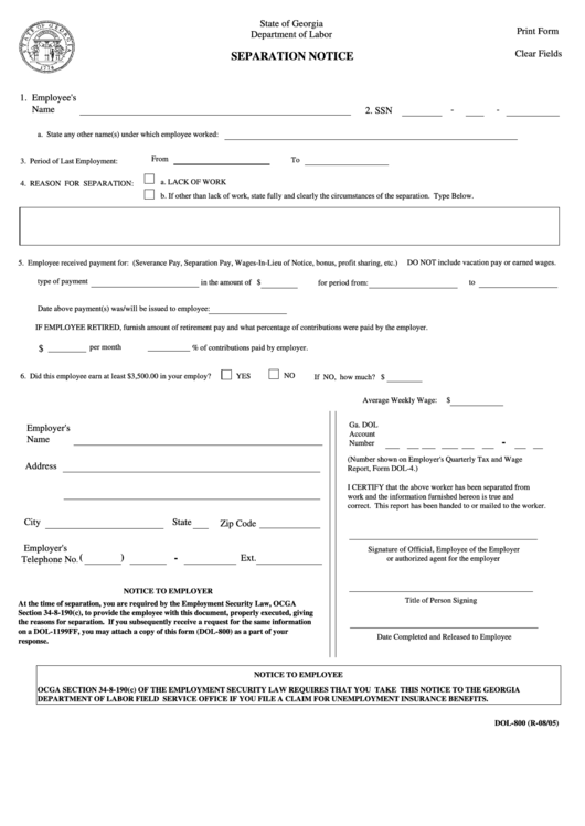 Fillable Form Dol-800 - Separation Notice Printable pdf