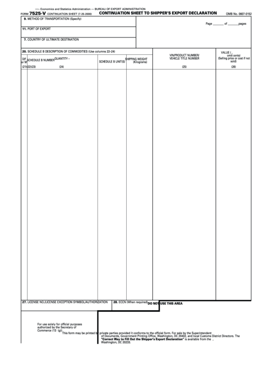 Form 7525-v Continuation Sheet - Continuation Sheet To Shipper's Export Declaration
