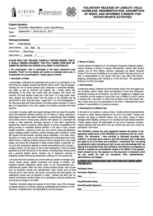 Voluntary Release Of Liability, Hold Harmless, Indemnification, Assumption Of Risks, And Informed Consent For Water Sports Activities Form/alabama 4-h Youth Consent Form