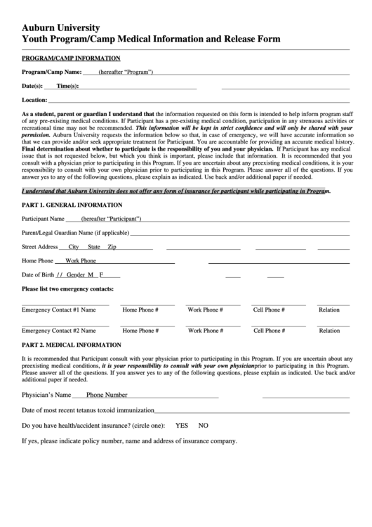 Auburn University Youth Program/camp Medical Information And Release Form Printable pdf