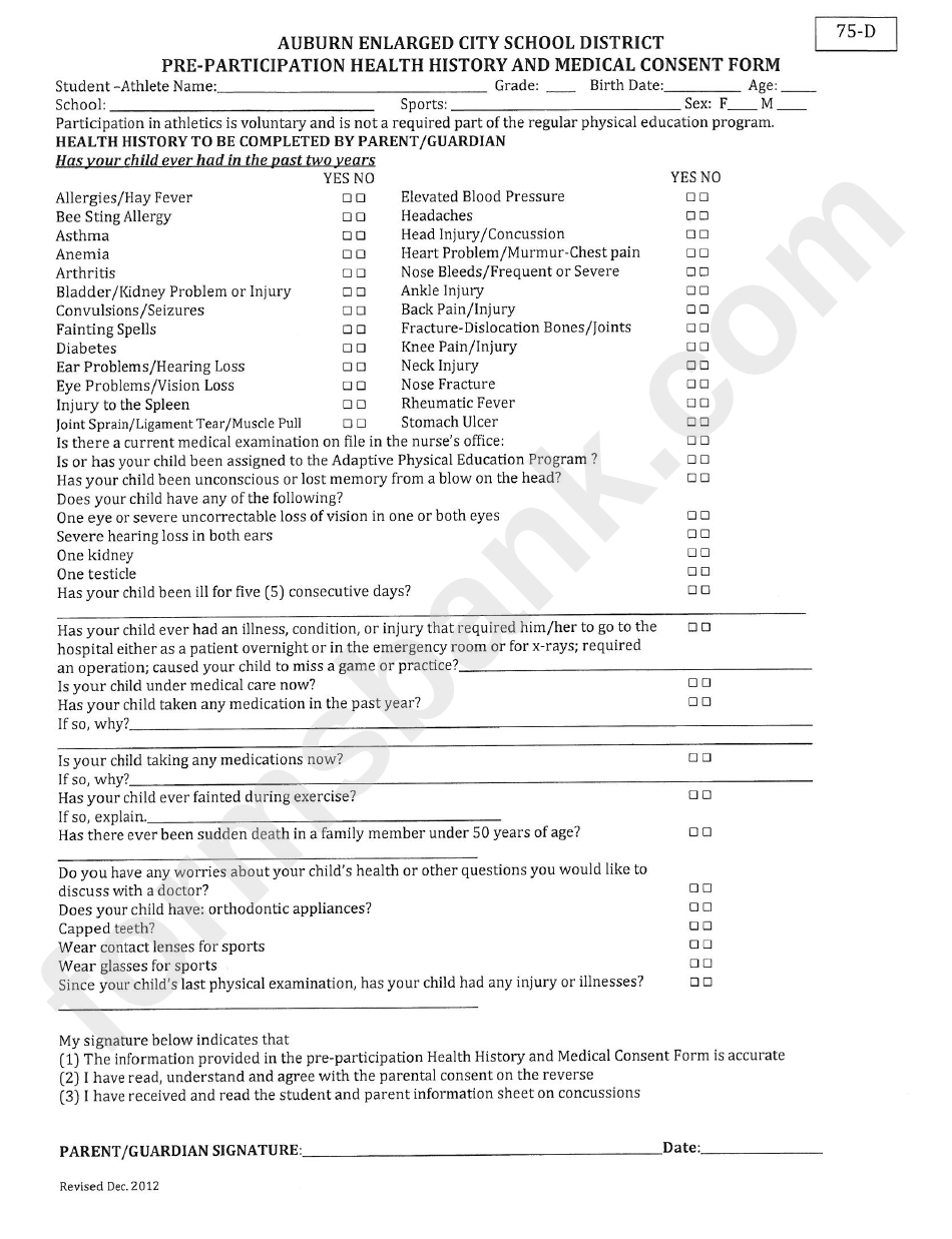 Auburn Enlarged City School District Pre-Participation Health History And Medical Consent Form