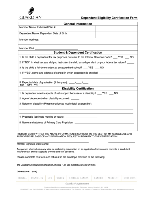 Form Gg-015024-a - Dependent Eligibility Certification