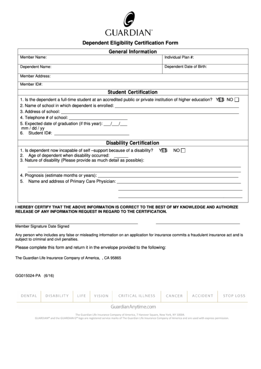 Form Gg015024-Pa - Dependent Eligibility Certification Printable pdf