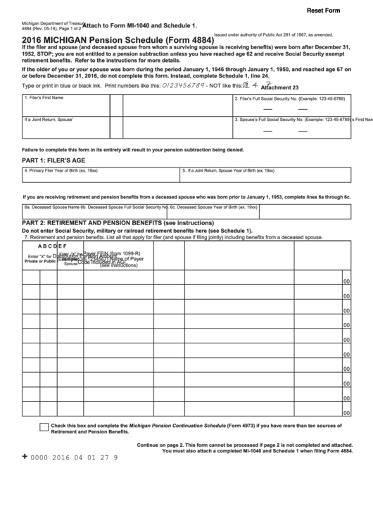 Form 4884 - Michigan Pension Schedule - 2016 Printable pdf