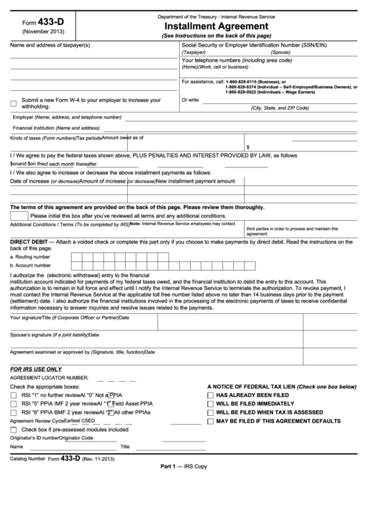 Installment Agreement, 433-D Printable pdf