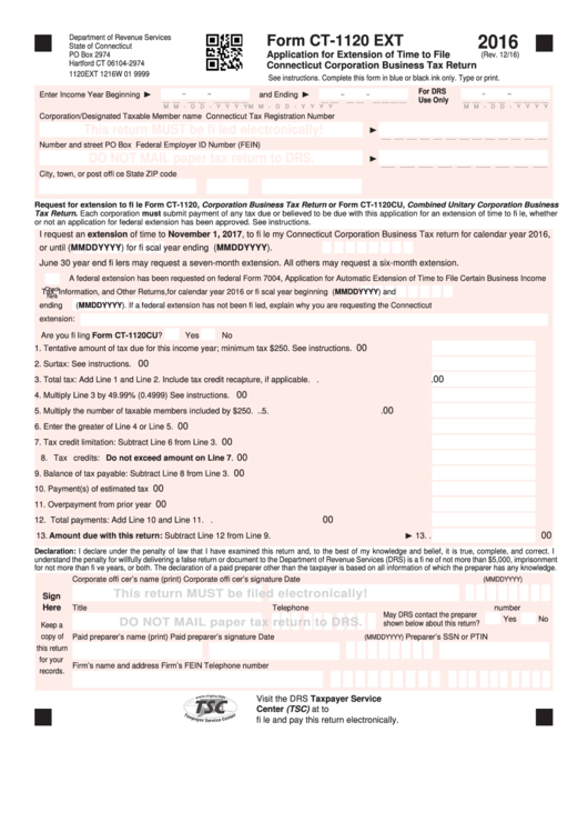 Form Ct-1120 Ext - Application For Extension Of Time To Fileconnecticut Corporation Business Tax Return - 2016 Printable pdf