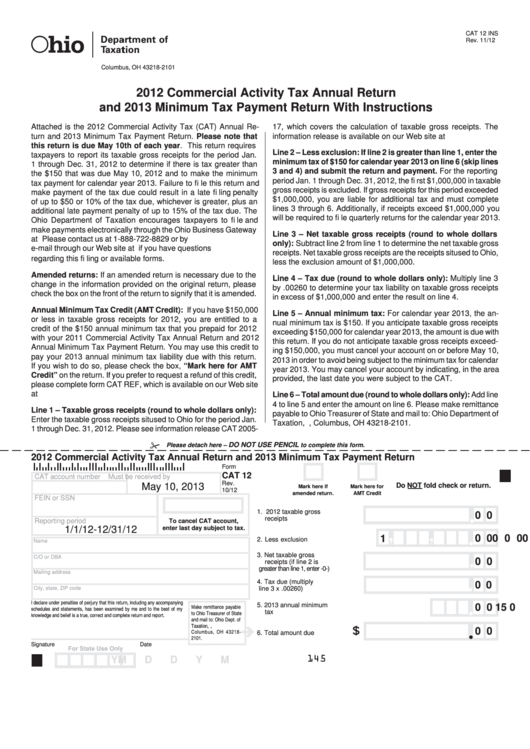 Form Cat 12 - 2012 Commercial Activity Tax Annual Return And 2013 Minimum Tax Payment Return Printable pdf