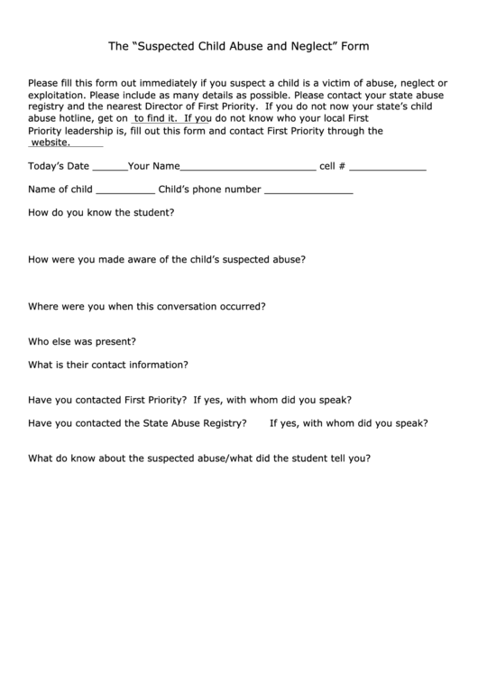 The Suspected Child Abuse Form Printable pdf