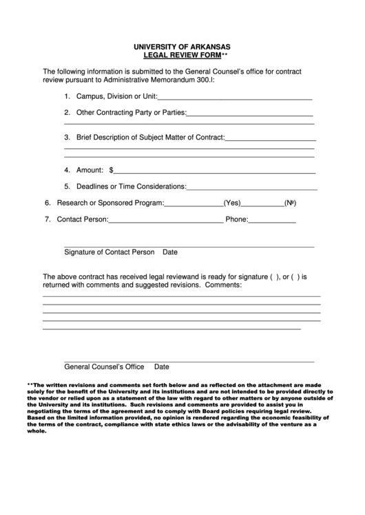 Fillable University Of Arkansas Legal Review Form Printable pdf
