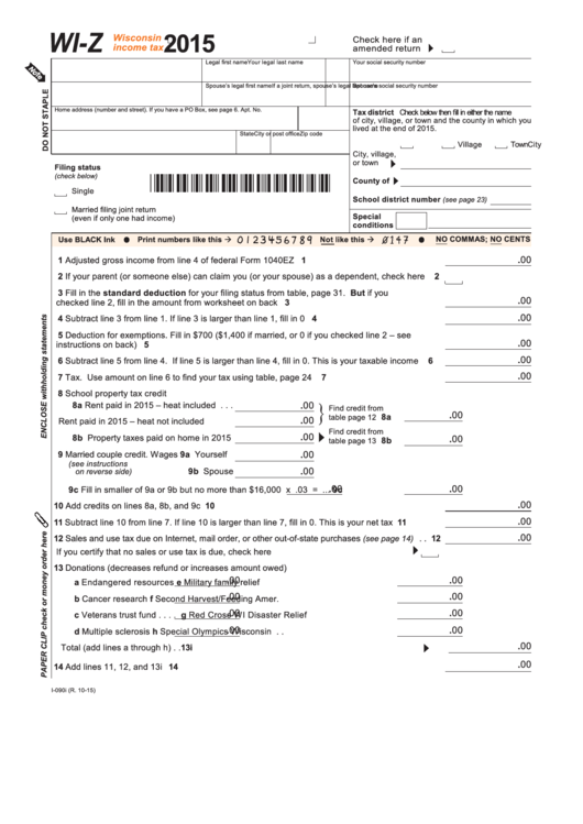 Form Wi-Z - Wisconsin Income Tax - 2015 Printable pdf