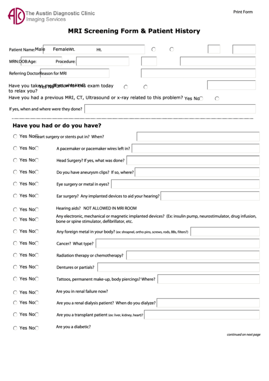 Fillable Mri Screening Form & Patient History Printable pdf