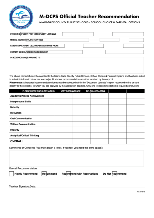 Fillable M-Dcps Official Teacher Recommendation Printable pdf