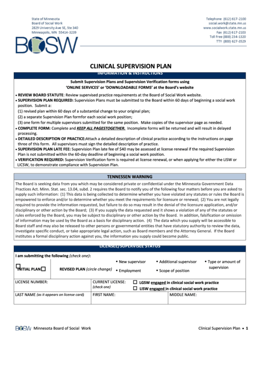 Clinical Supervision Plan Template Printable pdf