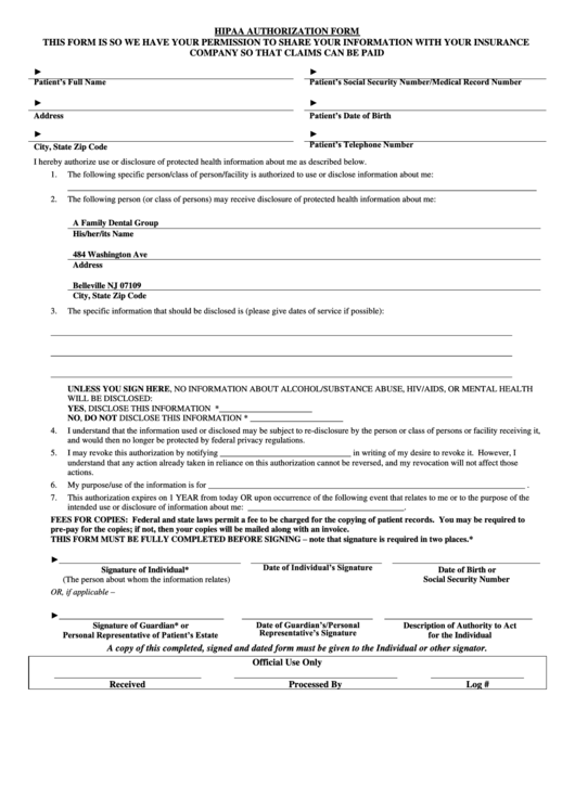 Sample Hipaa Authorization Form Printable pdf