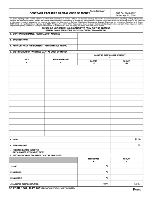 Fillable Contract Facilities Capital Cost Of Money - Dd Form 1861 Printable pdf