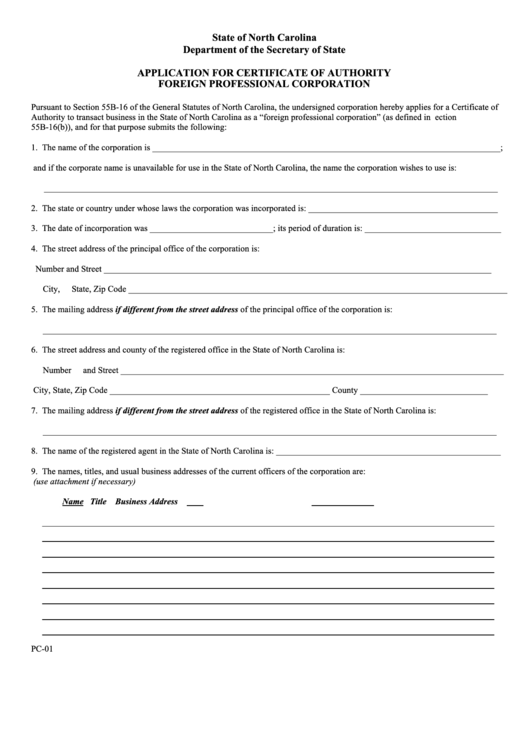 Form Pc-01 - Application For Certificate Of Authority Foreign Professional Corporation - 2000 Printable pdf